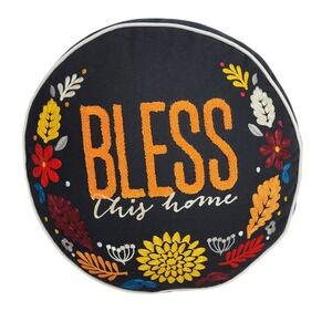 Bless This House Pillow Black Embroidered Floral‎ Round